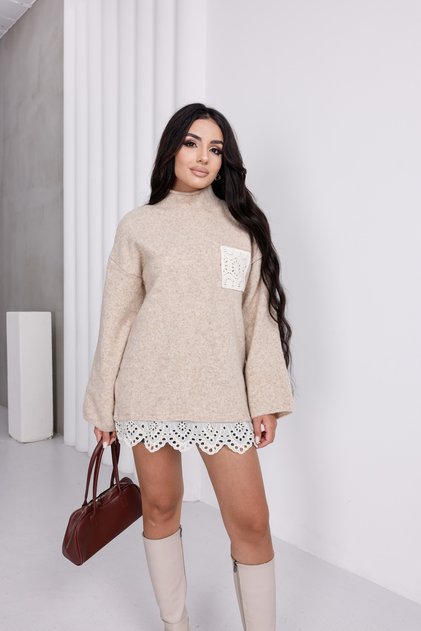 Pullover with Lace Pockets and Hem