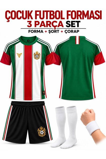 Yeşil Kırımızı Özel Tasarım Çocuk Futbol Forması Seti 4 Parça (Çorap+Bileklik) Hediye