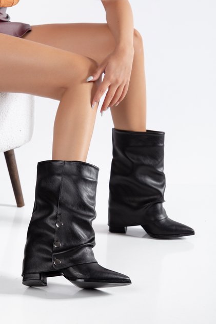 Women's Black Leather Thai Feather Heeled Boots
