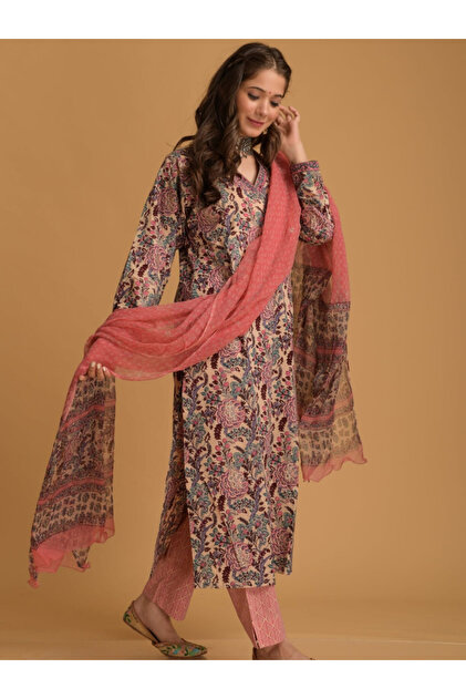 Maroon & Peach Printed Kurta Set - VRN1010 | Maroon & Peach-Size:2XL-44-Inches