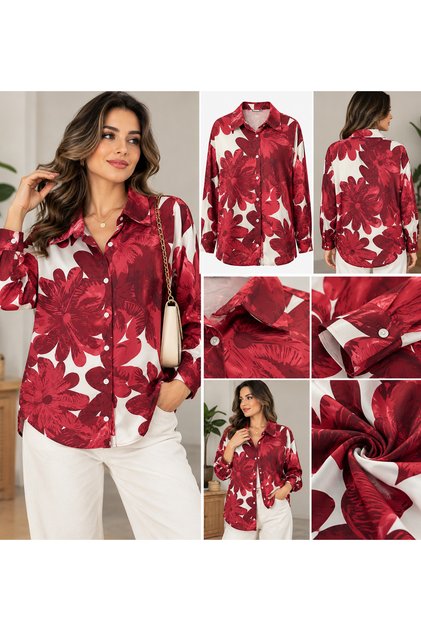 Kadın Bordo Ekru Çiçek Desenli Uzun Kollu Düğmeli Gömlek