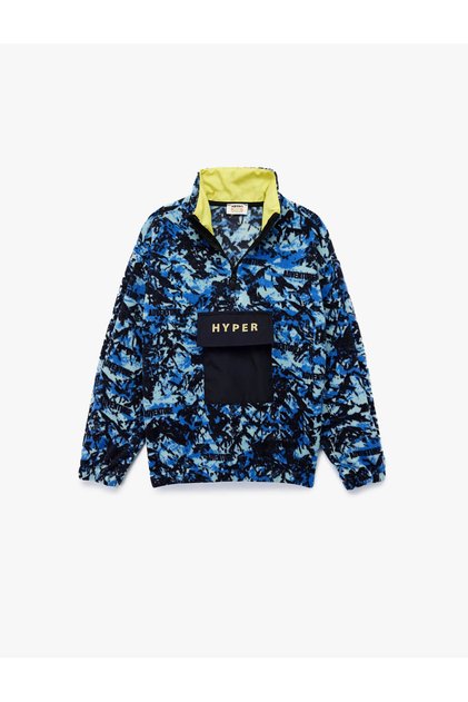 Dik Yaka Desenli Oversize Polar Mavi Erkek Çocuk Sweatshirt 7Wkb10054Tk
