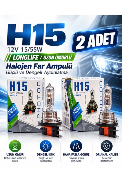 H15 Longlife 12V 15/55W 2 Adet Halojen Far Ampulü – Uzun Ömür, Güçlü ve Dengeli Işık