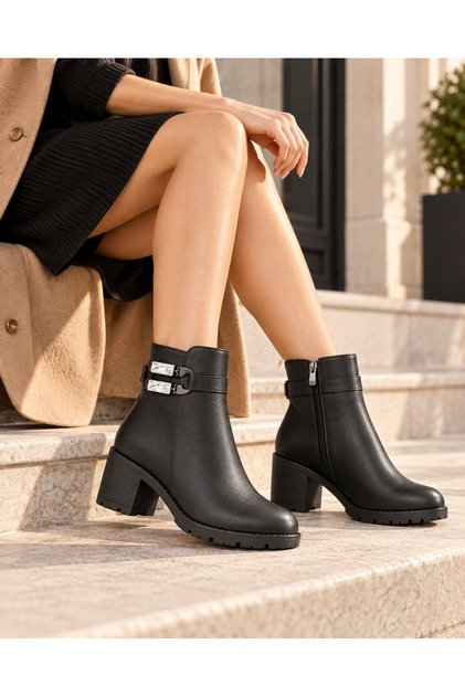 Women's Trendy Fashionable Stone Buckle Ankle Boots with Zipper, Thick Heeled, Daily Comfortable and Stylish Boots