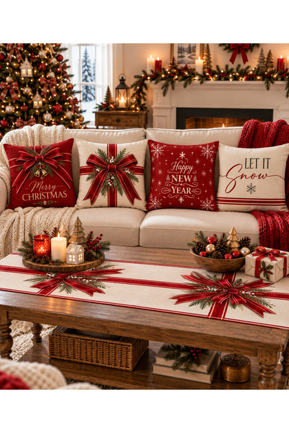 New Year's Throw Pillow Cover Set of 4 with Runner