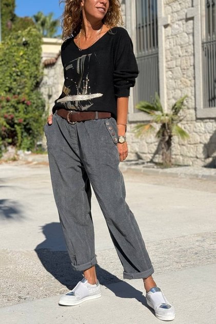 Italian Gray Pocket Belted Pipe Leg Corduroy Casual Trousers 100 40