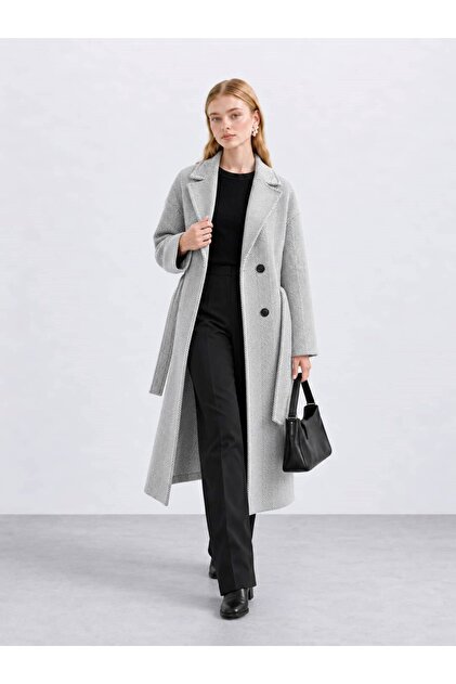 Patterned Long Belted Women's Cashmere Coat