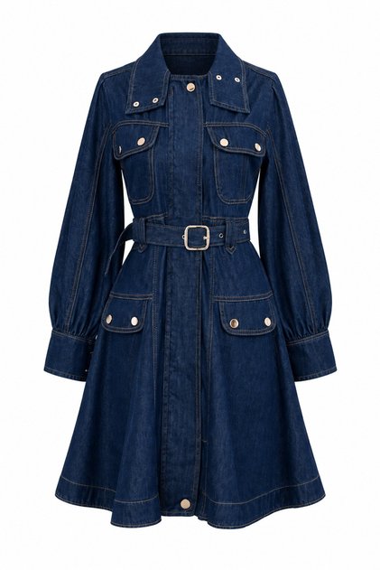 Contrast Stitched Gold Button Denim Dress