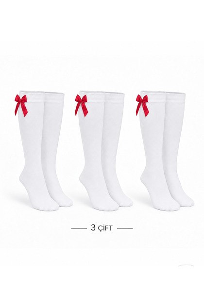 Caglar Socks Kız Çocuk Fiyonklu Diz Altı Çorap 3 Çift Beyaz & Kırmızı Fiyonk
