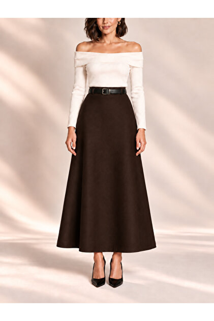A-Cutted Brown Woven Maxi Skirt with Belt