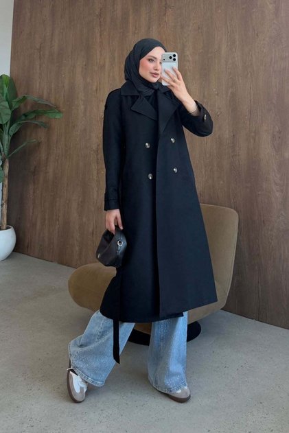 Mest Buckle Trench Coat Black