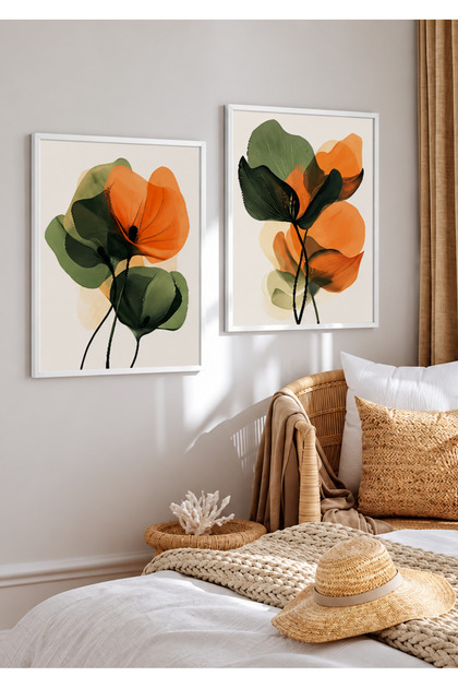 Natural Wood Framed 2-Piece Botanical Floral Wall Decor Painting Set for Living Room Living Bedroom Kitchen