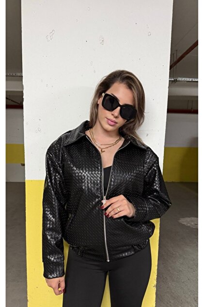 Kadın Özel Tasarım Premium Örgü Desenli Biker Deri Ceket