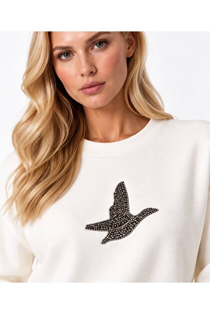 Orijinal Model Modal Dokulu Taş ve Flextim Motif Baskılı Sweatshirt