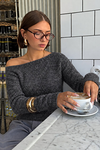 Women's Anthracite Boat Neck Soft Textured Knitwear Sweater