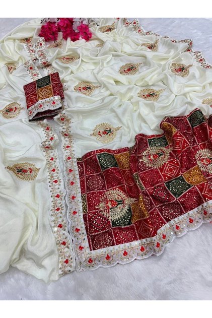 Off-White Chinon Silk Bandhani-Style Designer Saree - KTS9890 | Off-White, Red & Multicolor