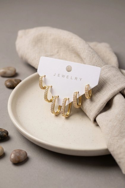 Gold Color Zircon Stone Brass Oval Square Model Women's Earring Set