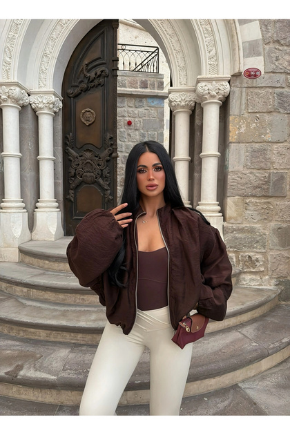 Brown Vera Balloon Sleeve Bomber Jacket