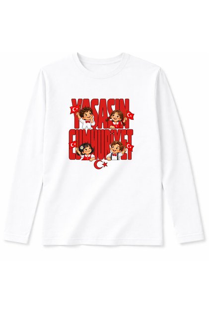 Long Sleeve Long Live the Republic Written Flag Waving Children Printed Cotton T-Shirt