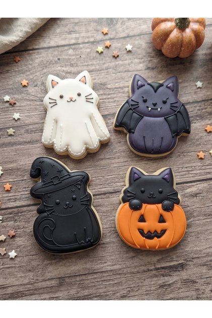 Cat Themed Halloween Cookie Mold Set of 4 | Bat, Pumpkin, Witch, Ghost