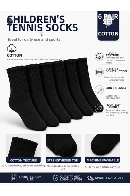 Children's Tennis Socks Cotton 6 Pairs