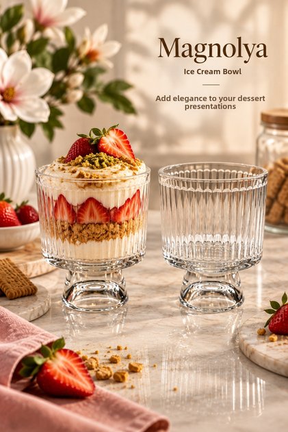 Striped Footed Glass Ice Cream Bowl Set of 2 220 ml Magnolia and Dessert Bowl