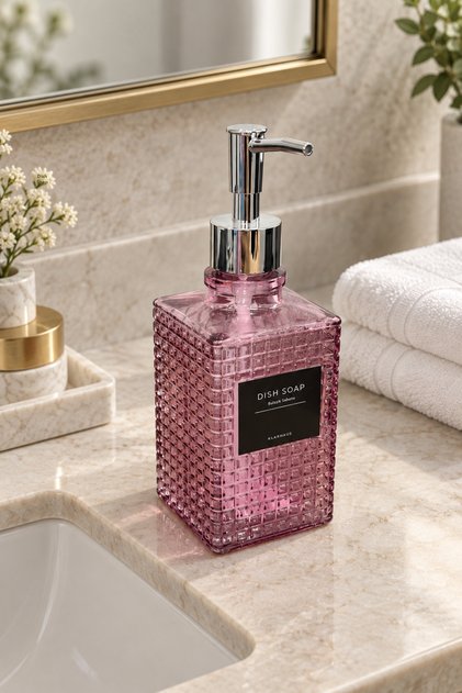 Premium Square Patterned Silver Pump Glass Liquid Soap Dispenser – 500ml - 23 X 7 X 7 cm