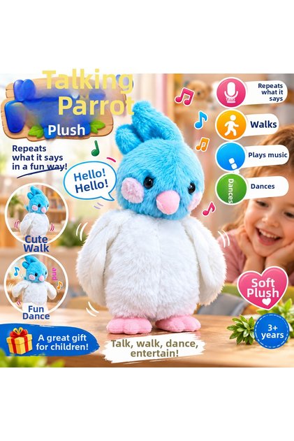 Talking and Repeating Parrot Plush 25 cm Walking Sound Recording Musical Dancing Toy Blue
