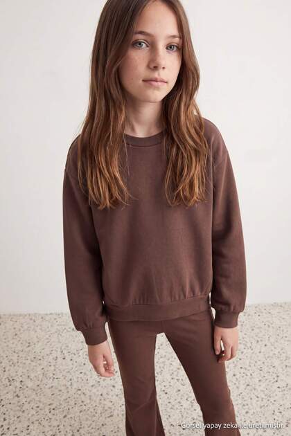 Açık Kahverengi Kız Çocuk Soft Touch/Yumuşak Dokunuşlu Düz Örme Sweatshirt TKDAW27SW00072