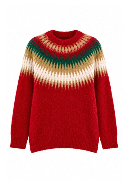 Roter Strickpullover mit geometrischem Muster und weicher Textur im Neujahrsthema TWOAW27KZ00174