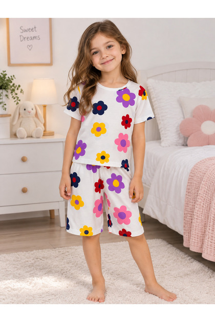 Girls' Cotton Summer Thin Fabric White Color Floral Daisy Pattern Short Sleeve Shorts Pajama Set