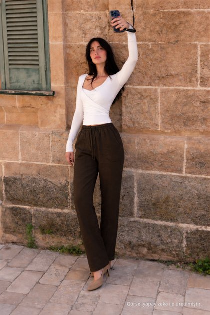 Women's Elastic Waist Jogger Dark Brown Linen Trousers