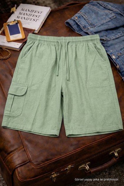 Men's Stylish Trendy Loose Cargo Shorts with Pockets in Light Green Linen