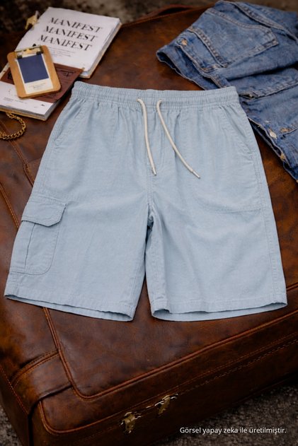 Men's Stylish Trendy Loose Cargo Pocket A.Blue Linen Shorts
