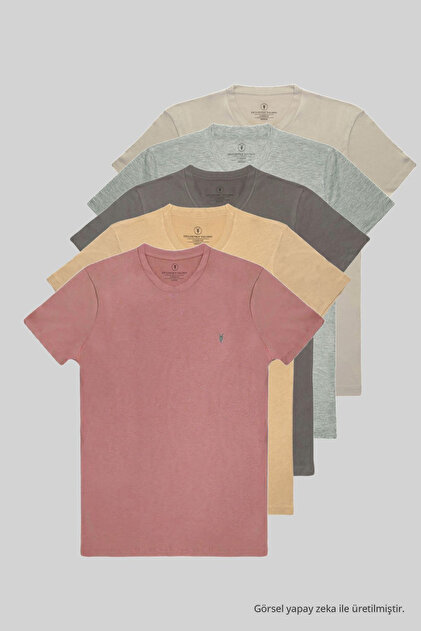 Men's 5-Pack Crew Neck 100% Cotton T-Shirt Gray-Grimelange-Fume-Beige-Powder