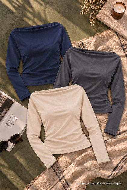 Women's Boat Neck Basic Slim Blouse 3-Piece Set