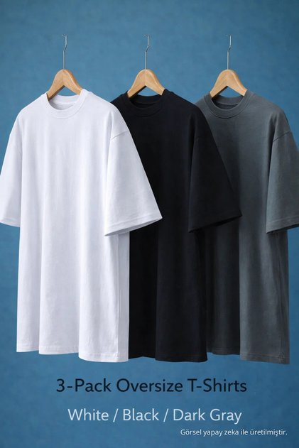 Erkek Basic Kısa Kollu Oversize 3 Lü Tişört