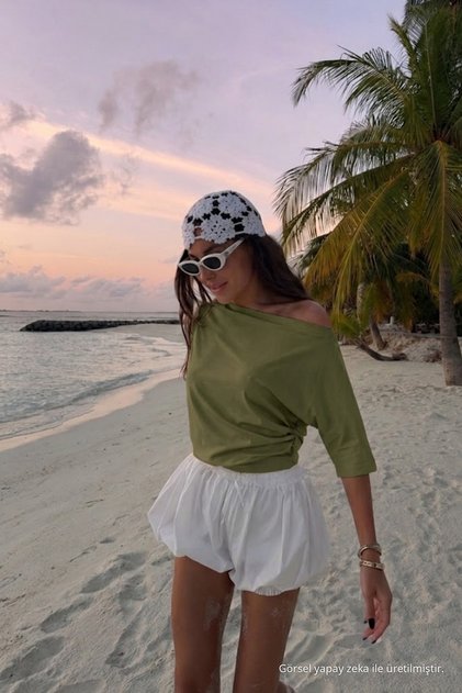 بلوزة نسائية صيفية من القطن باللون الكاكي الأساسي