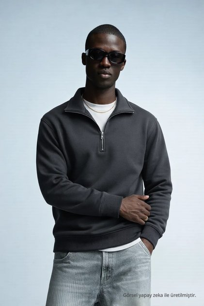 Erkek Kışlık Örme Yaka Füme Sweatshirt