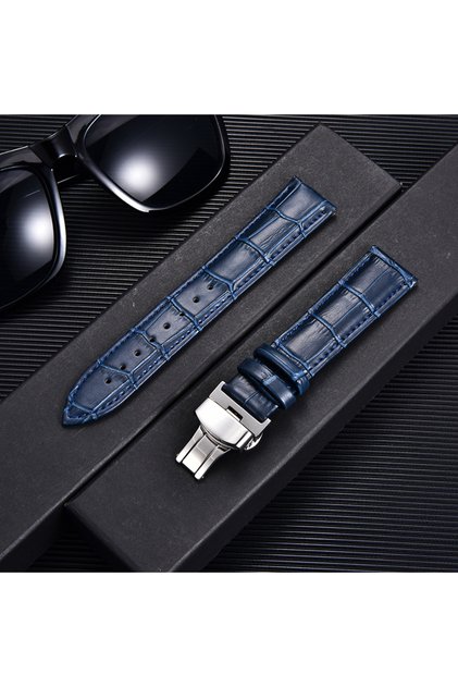 20mm dark blue-silver Bamboo Pattern Genuine Leather Watch Strap Cowhide Watchband 18/20/22/24mm Wit