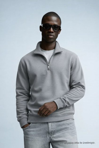 Men's Winter Knitted Collar Gray Sweatshirt