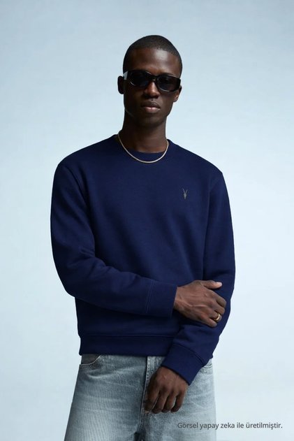 Men's Embroidered Shiny Navy Blue Sweatshirt