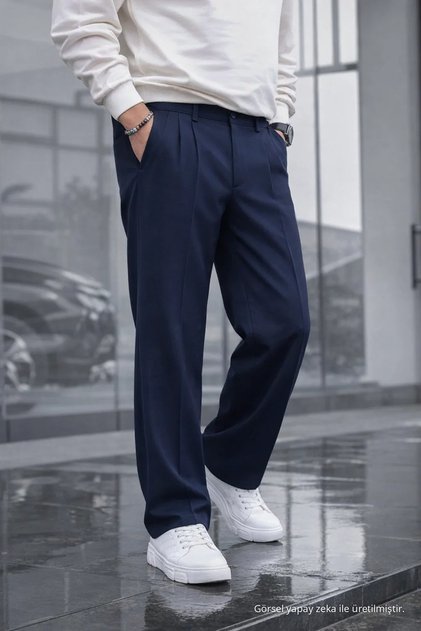 Erkek Çift Pileli Salaş Mavi Baggy Pantolon