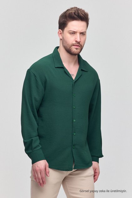 Erkek Oversize Gömlek Yaka Uzun Kollu Keten Görünümlü Yazlık Gömlek