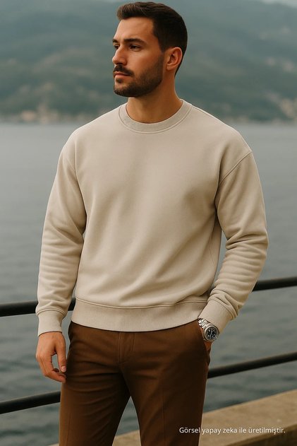 Men's Thick Crew Neck Casual Cream Sweater