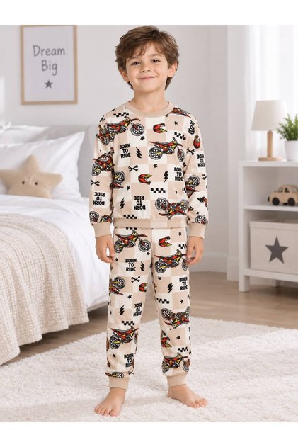Boys' 100% Cotton Beige Color Motorcycle Checker Pattern Long Sleeve Fleece-Lined Winter Pajamas Set