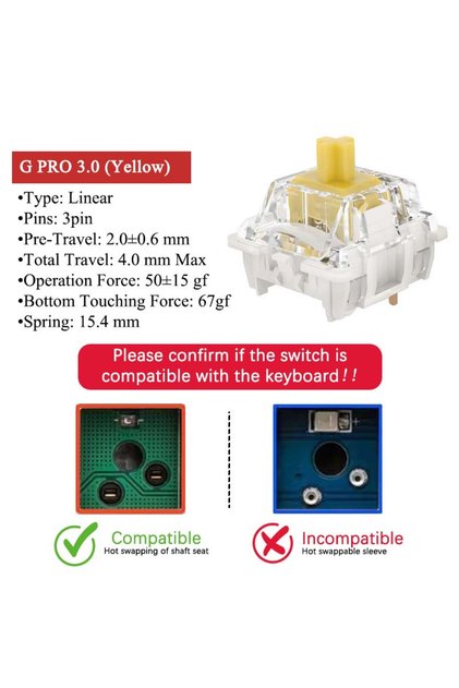 50pcs G Yellow 3.0 GATERON G Pro V3 3.0 Pro Switch 3pin for Mechanical Keyboard Pre Lubed RGB Linear