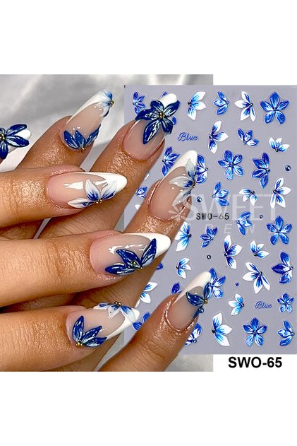 SWO-65 SWEET TREND-5D Embossed Blue Red Flower Nail Stickers Self-adhesive Petals Nail Decals Slider