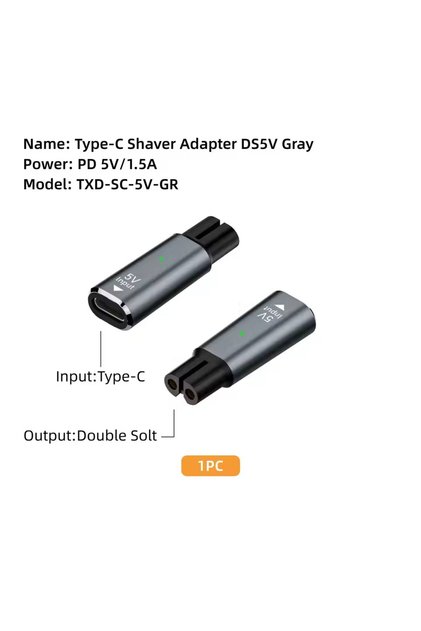 Grey 5V 1.5A Type-C Shaver Adapter Charging Converter for Philips One Blade QP4530 QP1924 QP2724 QP2