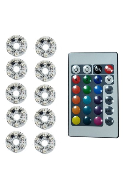 10 مصابيح، وحدة تحكم واحدة، مجموعة واحدة من مصابيح LED RGB بجهد 5 فولت، لوحة تحكم متصلة، مصدر ألوان، جهاز تحكم عن بعد لاسلكي
